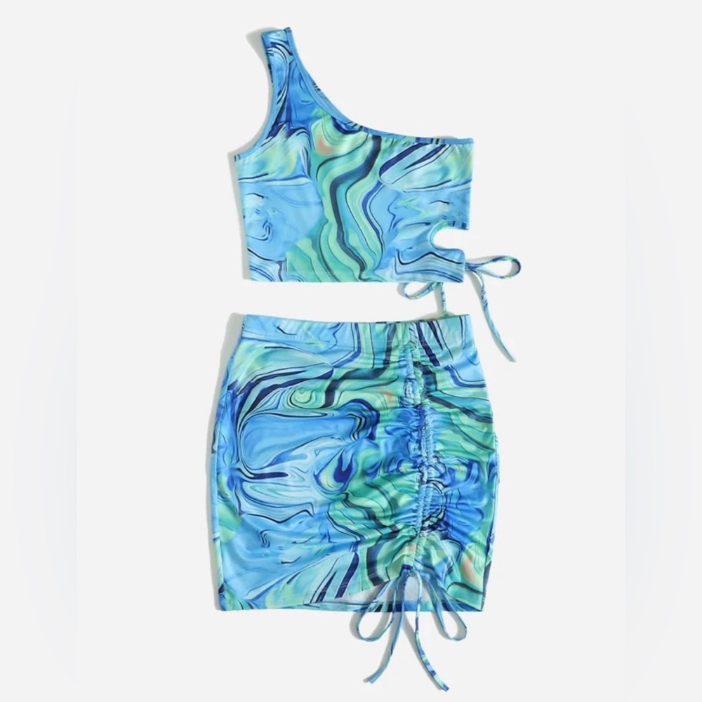 SHEIN ICON One Shoulder Marbled Print Top &‎ Drawstring Side Skirt Set